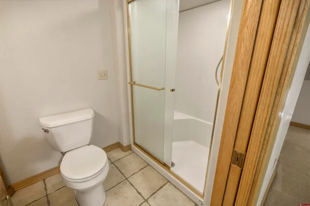 a bathroom with a toilet and a shower