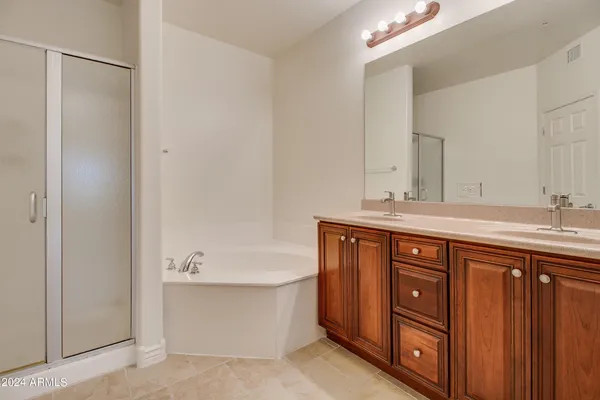 a bathroom with a tub sink double vanity and a mirror