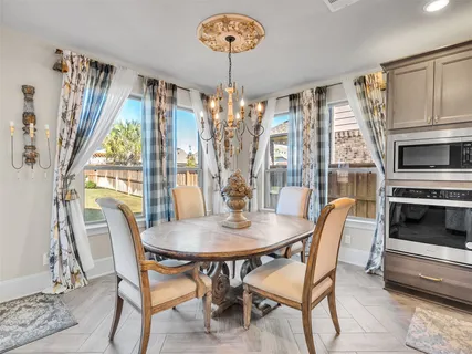 a view of a dining room with furniture window and outside view