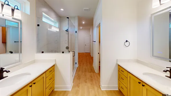 a bathroom with a double vanity sink a mirror and a shower