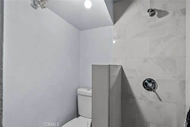 a bathroom with a toilet and a shower