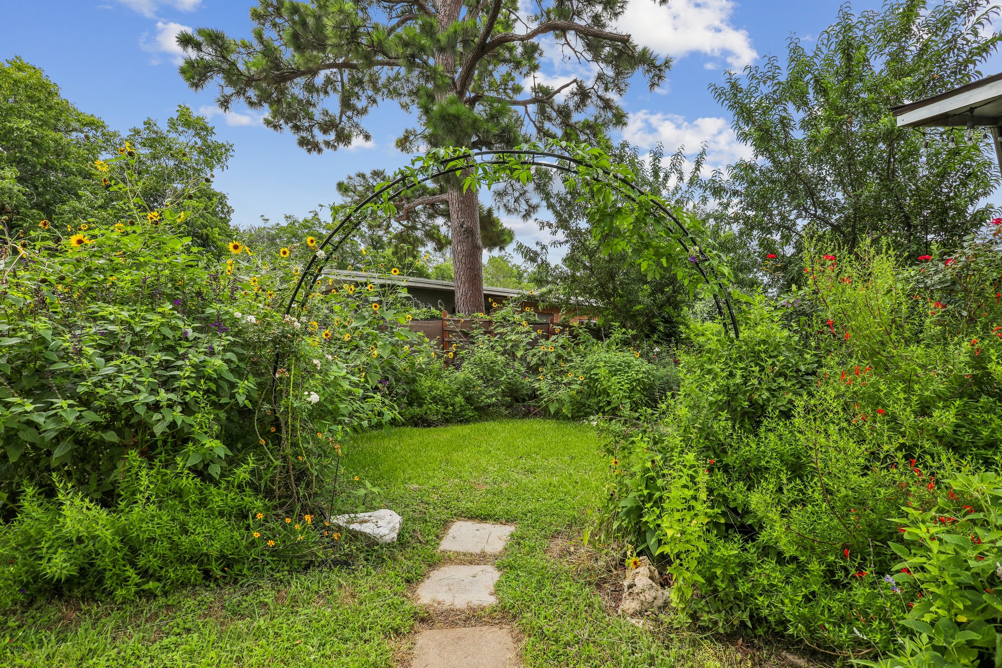 1114 West 2nd Street Elgin, TX 78621 - Photo 29 of 31 An inviting garden path, framed by lush greenery and vibrant blooms, leads to a tranquil yard.