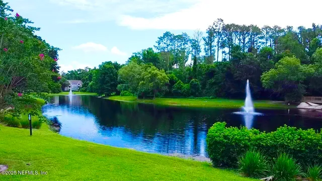 a view of a lake with a floor to ceiling yard