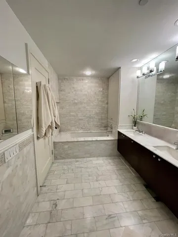 a bathroom with a double vanity sink toilet mirror and bathtub
