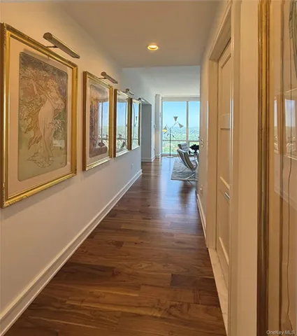 a view of a hallway with wooden floor and furniture
