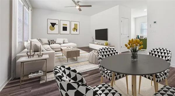 a dinning room with furniture