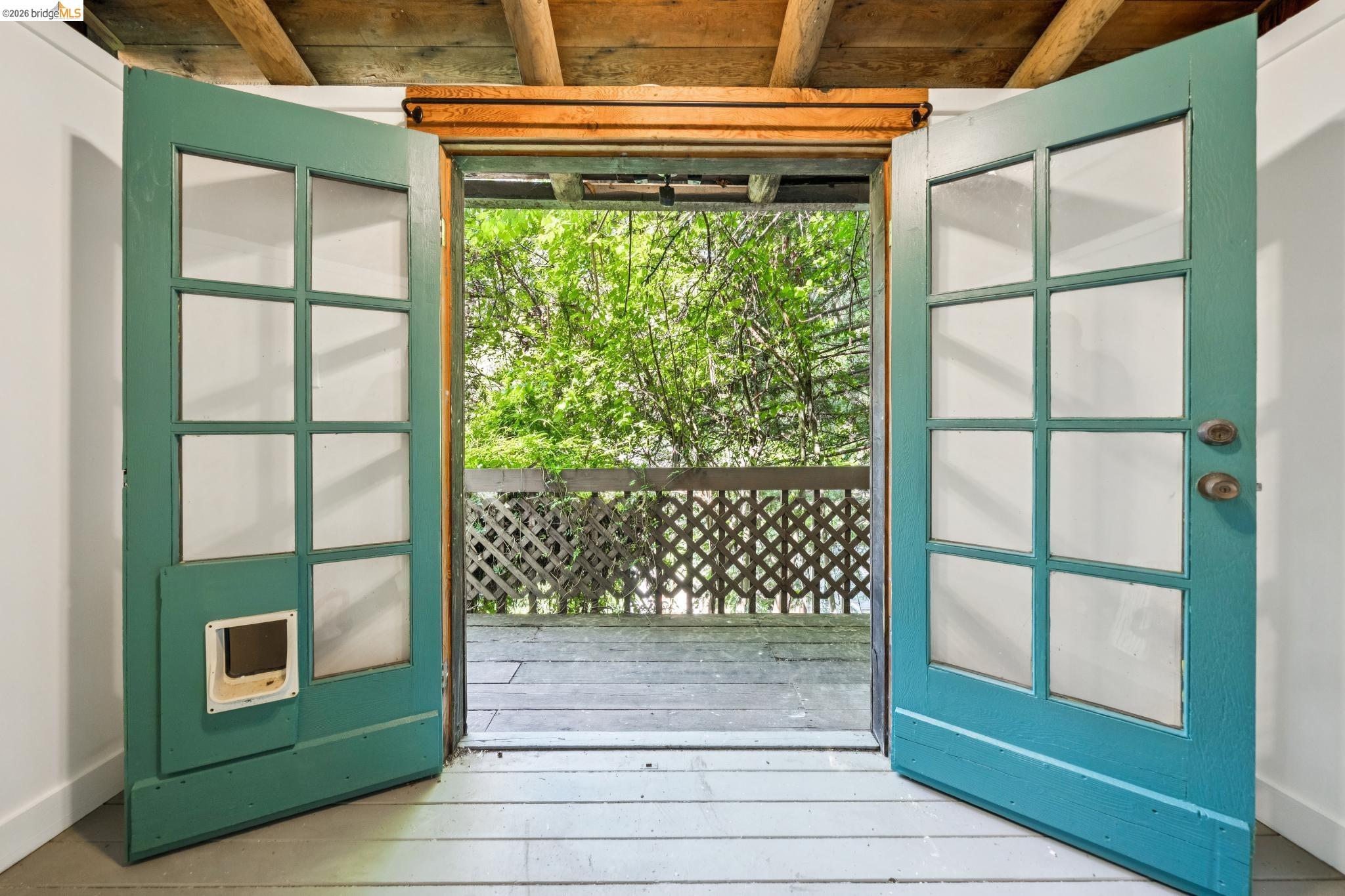 6400 Pinehaven Road Oakland, CA 94611 - Photo 61 of 78 Double French doors with a teal finish featuring paneled glass inserts and a built-in pet door