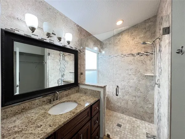 a bathroom with a granite countertop sink a large mirror and a shower