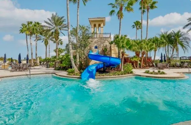 a view of a park with palm trees