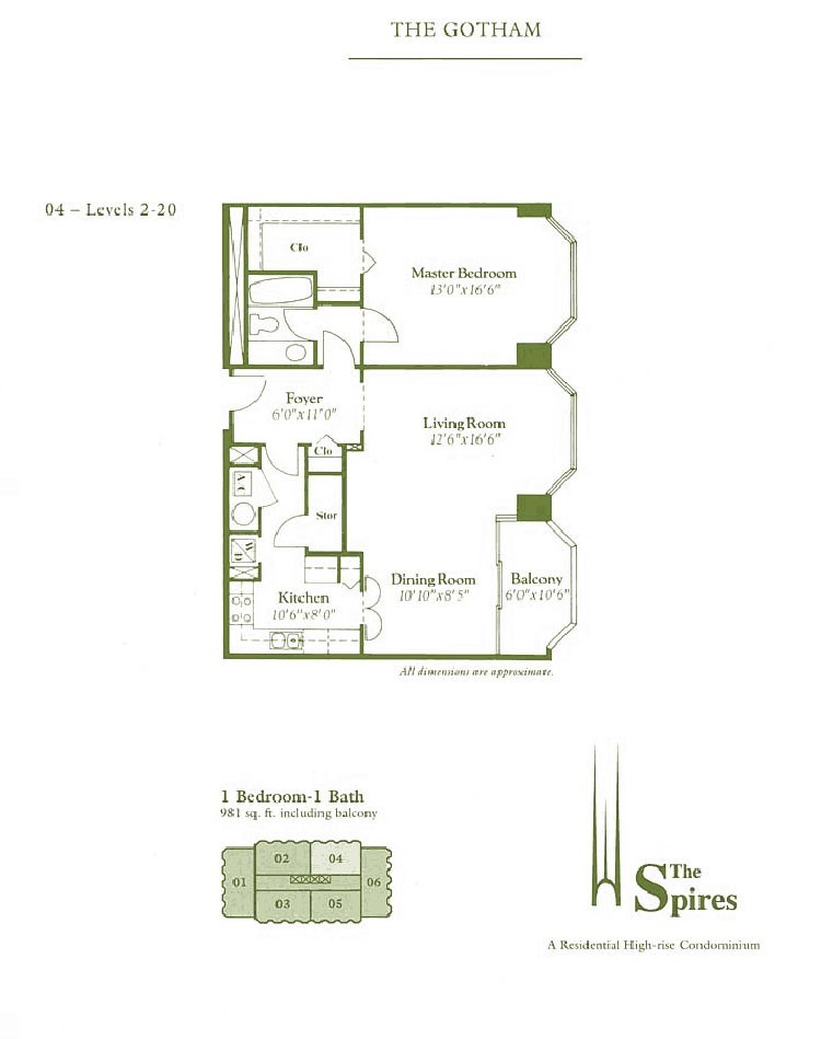 2001 Holcombe Boulevard, Unit 404 Houston, TX 77030 - Photo 33 of 33 This is a floor plan for a one-bedroom, one-bath condo at The Gotham. It spans 981 sq. ft., including a balcony. The layout features a master bedroom, a spacious living room, a dining room, a kitchen, and a balcony. There is also a foyer, closets, and storage space.