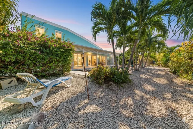 a view of a yard with plants and a fountain
