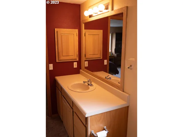a bathroom with a sink and a mirror