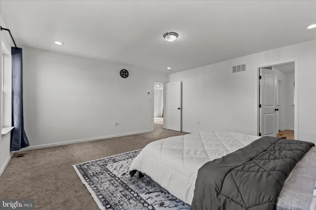 a bedroom with a large bed rug and a window