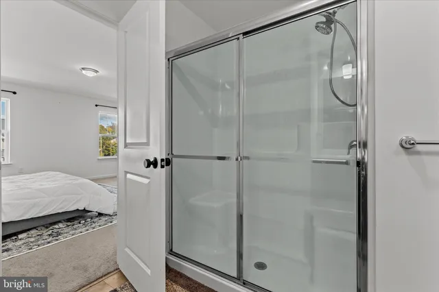 a bathroom with a shower and a sink