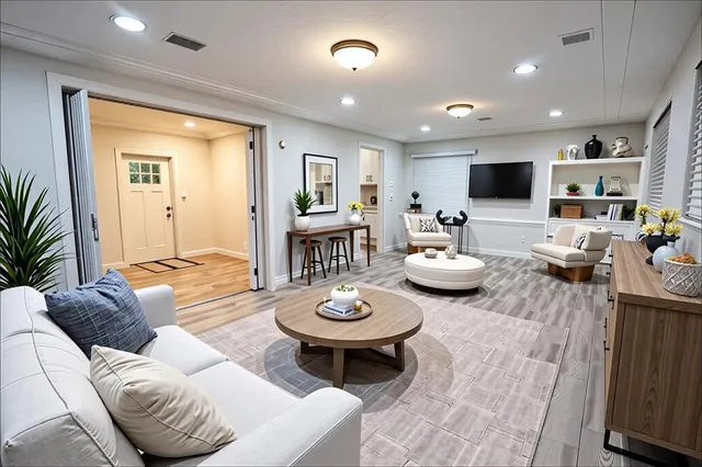 a living room with furniture and a wooden floor