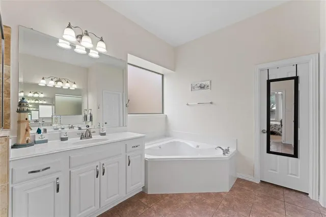a bathroom with a tub a sink and mirror