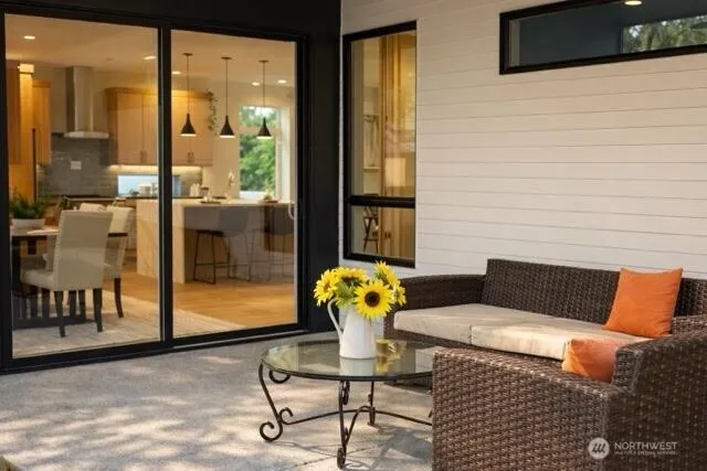 a building outdoor space with patio furniture