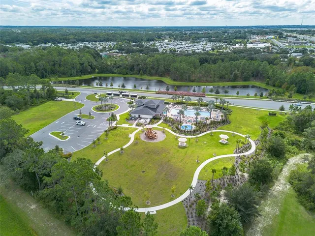 an aerial view of a swimming pool