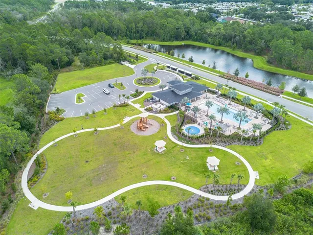 an aerial view of a swimming pool