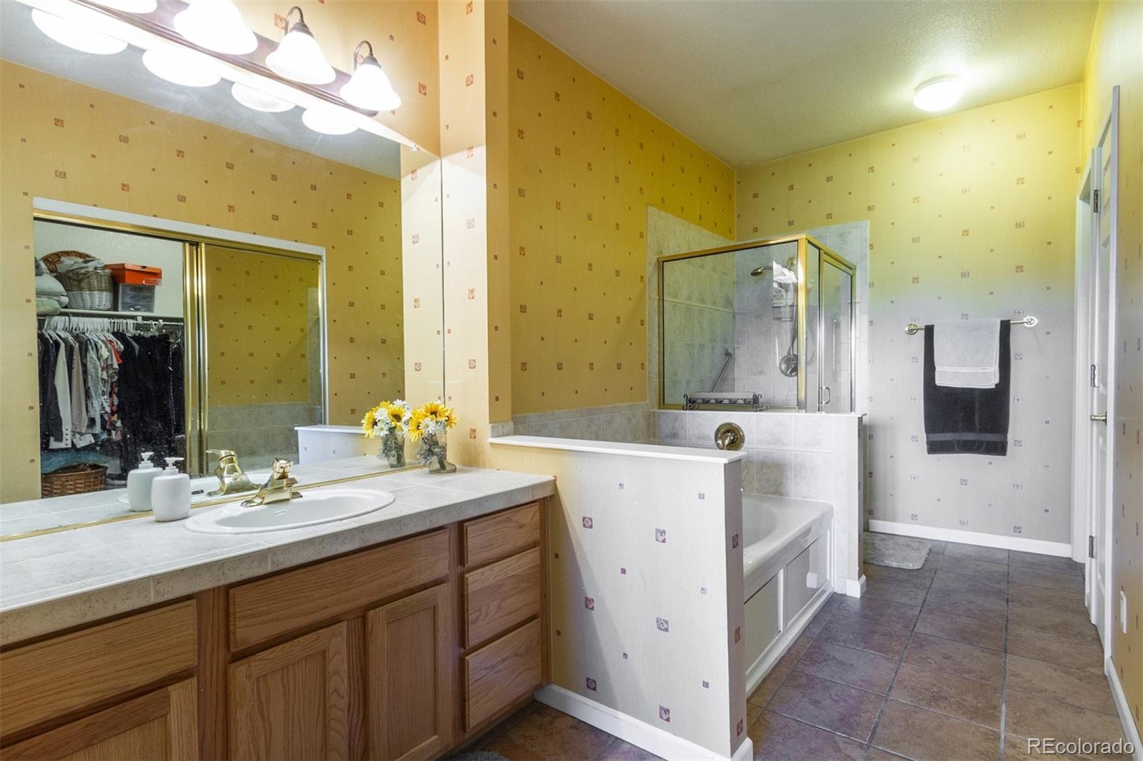 6697 South Reed Way, Unit B Littleton, CO 80123 - Photo 30 of 35 a bathroom with a double vanity sink mirror and shower