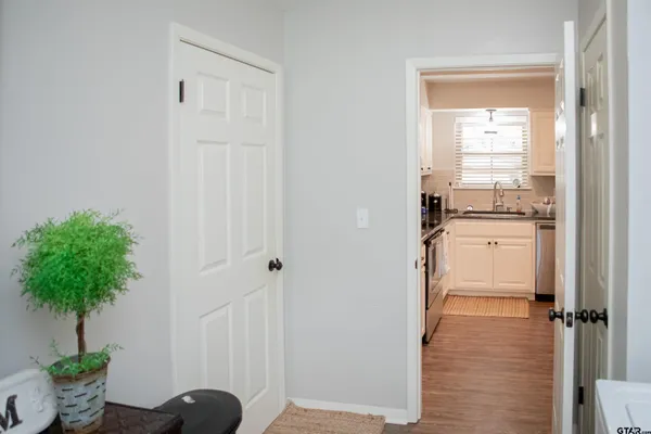 a bathroom with a potted plant