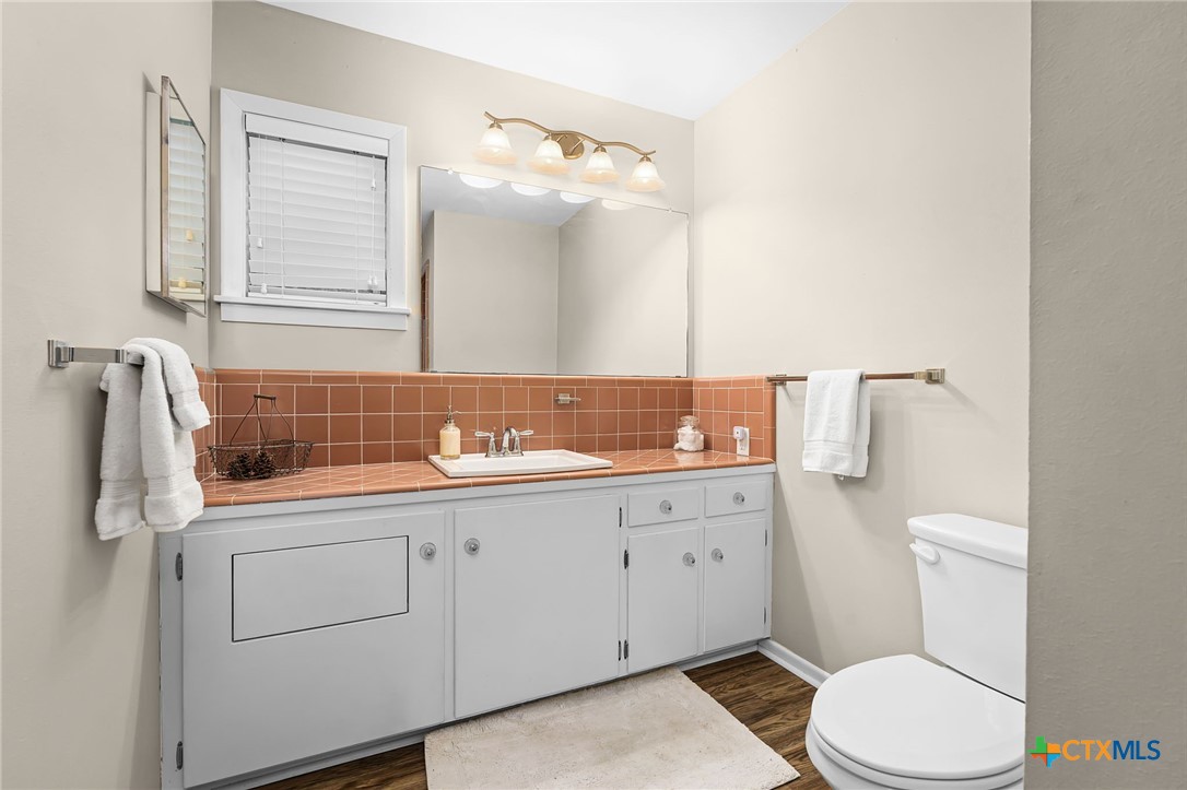 2052 Gruene Road New Braunfels, TX 78130 - Photo 24 of 33 a bathroom with a sink a toilet and vanity