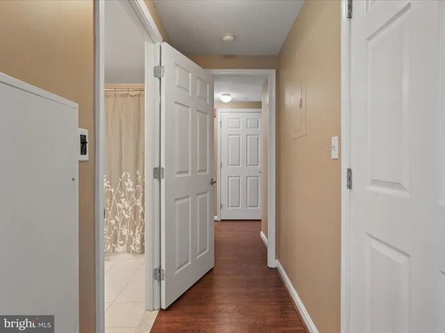 a view of a hallway with wooden floor