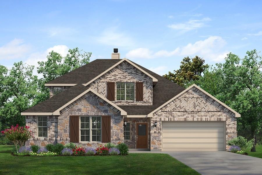 810 County Road 200 Valley View, TX 76272 - Photo 2 of 21 View of front of house featuring a front lawn, a chimney, concrete driveway, a garage, and stone siding