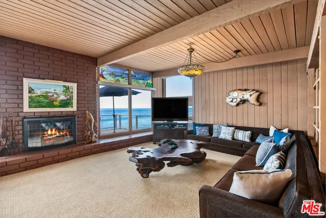 a living room with furniture tv and a fireplace