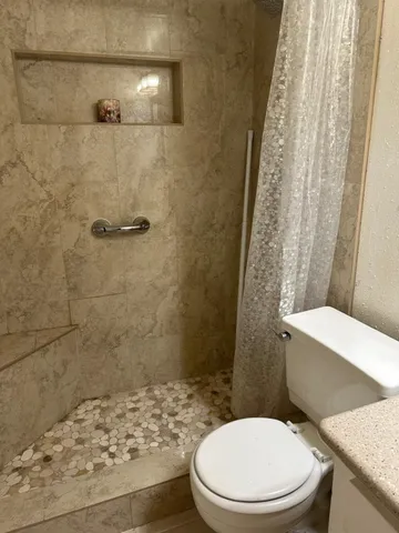 a white toilet sitting next to a shower curtain