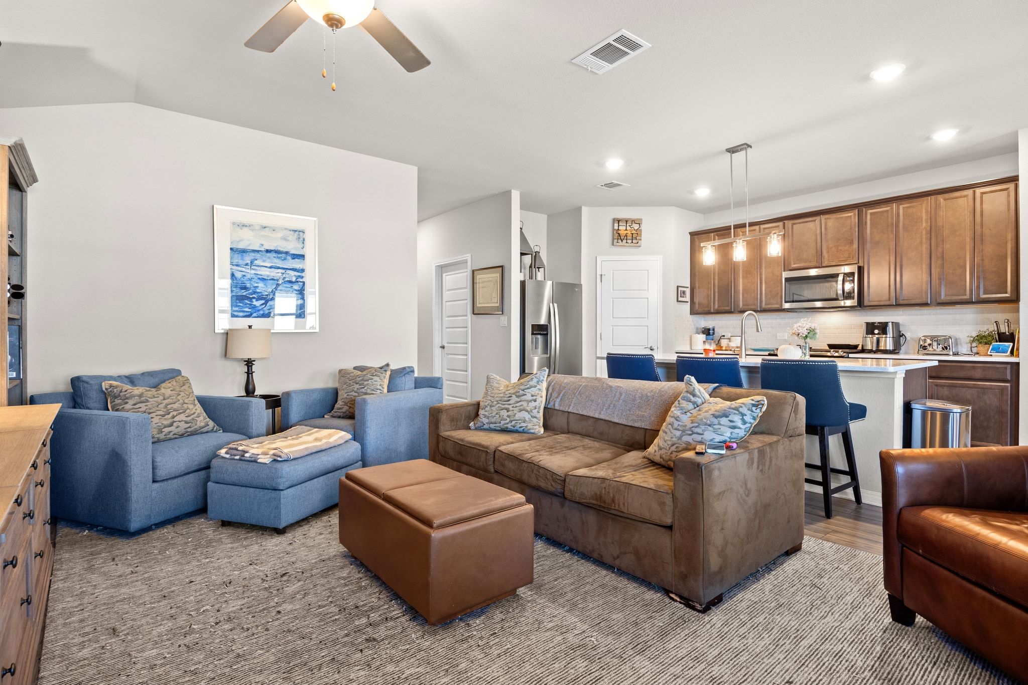 2856 Moyer Lane Round Rock, TX 78665 - Photo 7 of 27 Living room featuring recessed lighting, a ceiling fan, and light wood finished floors