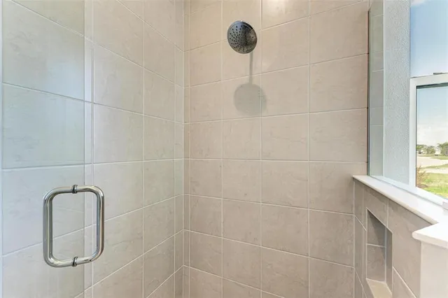 a close view of a shower in a bathroom
