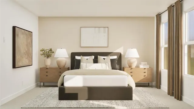 a bedroom with a bed and glass walk in closet