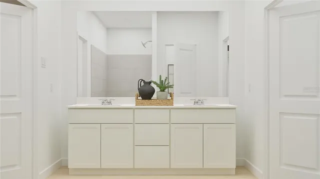 a bathroom with a sink and vanity