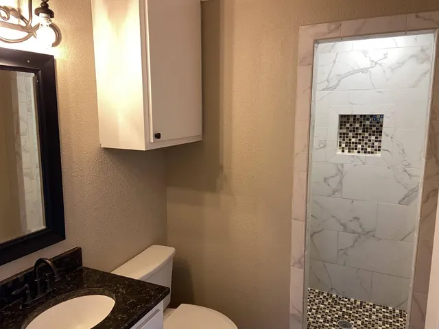 a bathroom with a sink a toilet a mirror and shower