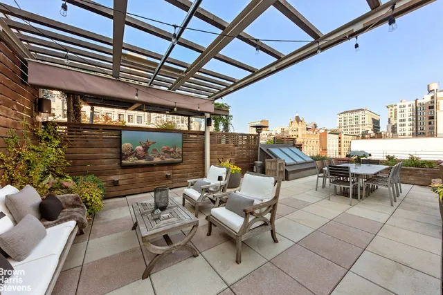 a sitting area with furniture and city view