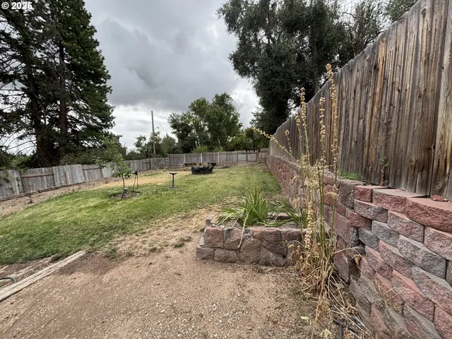 a front view of house with a garden and trees