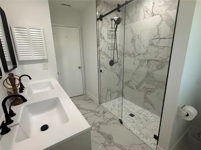 a bathroom with a sink and a shower