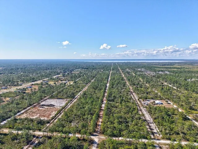 an aerial view of residential houses with outdoor space and trees