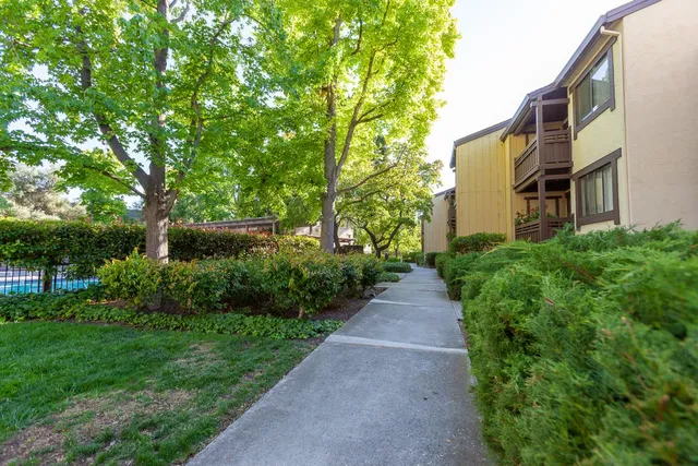 a view of a pathway with a house in the background