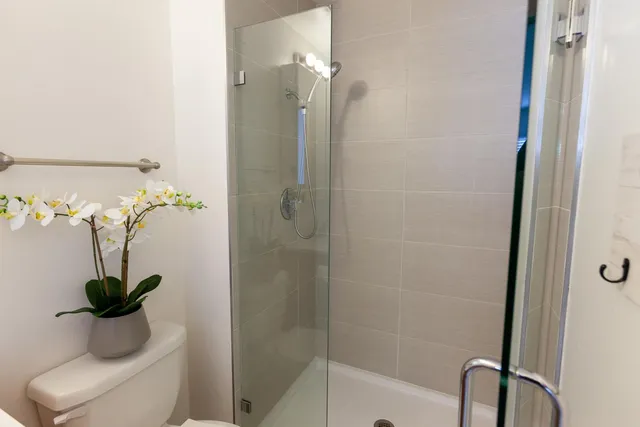 a bathroom with a shower and bathtub