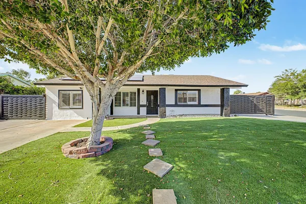 a front view of a house with yard and green space