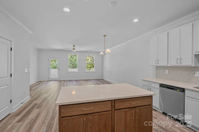 a view of a kitchen with a sink and dishwasher with wooden floor