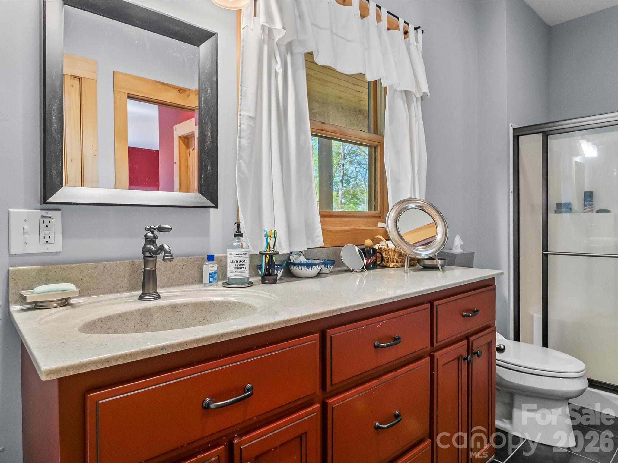 917 Otter Mountain Road Topton, NC 28781 - Photo 25 of 48 a bathroom with a granite countertop sink a toilet and a mirror
