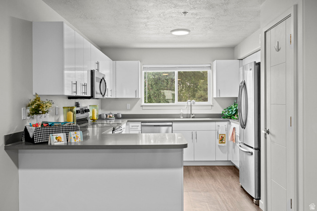64 West 600 South, Unit C205 Springville, UT 84663 - Photo 23 of 28 Kitchen with a peninsula, stainless steel appliances, white cabinets, a textured ceiling, and light wood-style floors