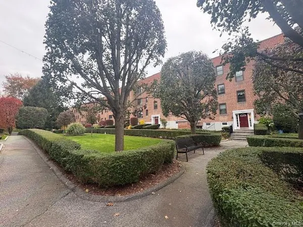 a view of a garden with large trees