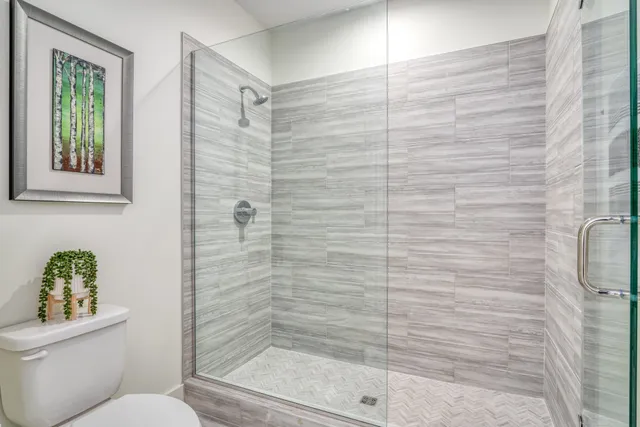 a bathroom with a toilet and a shower