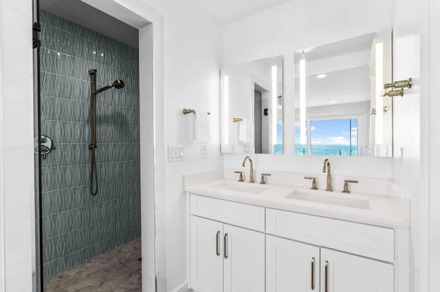 a bathroom with a shower sink vanity and mirror