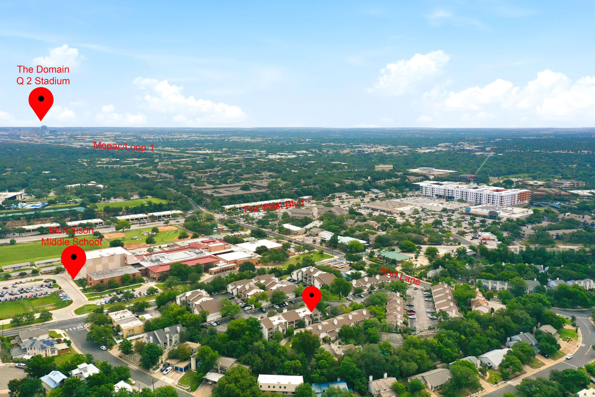 6910 Hart Lane, Unit 912 Austin, TX 78731 - Photo 34 of 36 Aerial overview showcasing a tree-lined neighborhood with varied architectural styles