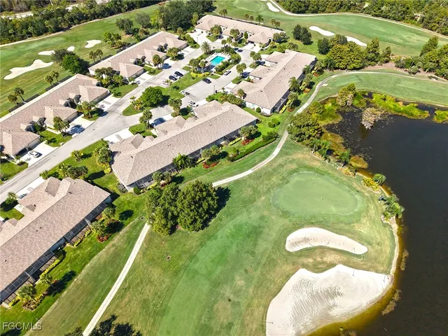 an aerial view of a swimming pool